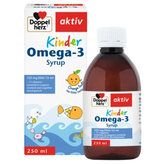Illustration of the product packaging Doppelherz aktiv Kinder Omega-3 Syrup front view